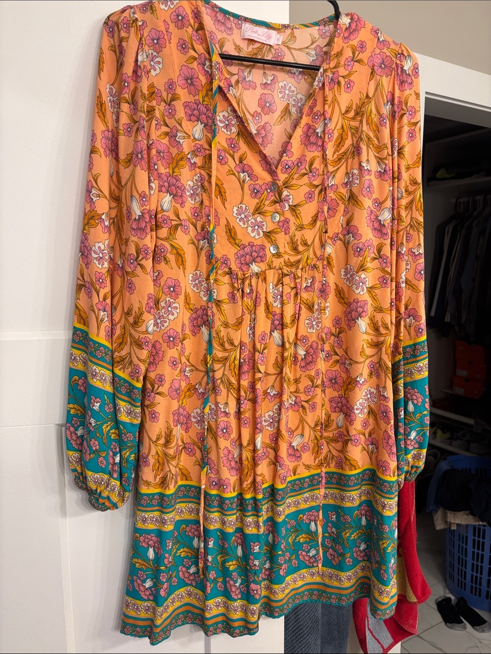 Pink Lily Peach and Teal Floral Long-Sleeve Tiered Dress